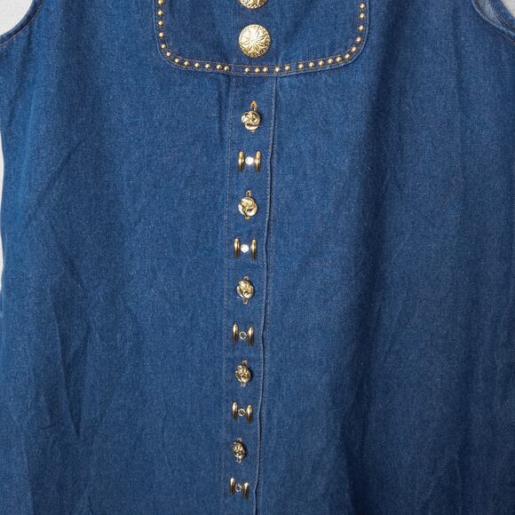 ICE LOOK Denim Jumper Dress Gold Buttons Stud Trim Western Style USA Vintage XL - Picture 4 of 12